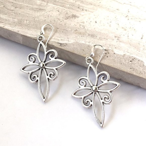 Sterling Silver Lotus swirl Cross Earrings - Picture 4 of 5